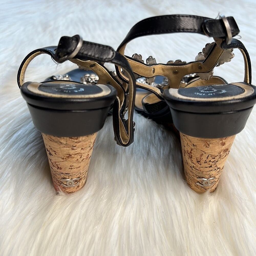 Chanel Black Camellia Charm Wedge Sandals - Picture 9 of 15